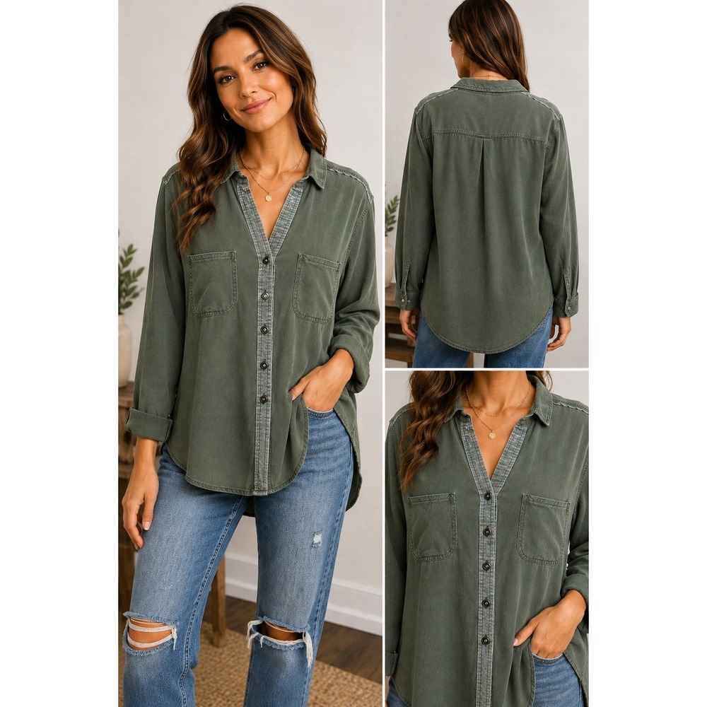 Rock & Republic Olive Green Button-Up Tunic